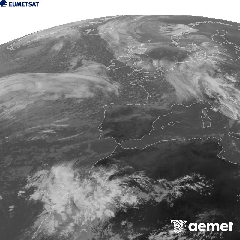 Cette image a �t� g�n�r�e � partir des donn�es du canal infrarouge 10,5 �m du satellite METEOSAT-12, qui fait partie de la troisi�me g�n�ration de satellites Meteosat (MTG). Afin que l'image se rapproche davantage de la perception de l'oeil humain, l'�chelle de gris a �t� invers�e. Les heures indiqu�es se rapportent � la p�ninsule (une heure de moins aux �les Canaries).&nbsp;mercredi, 21 octobre  2026 14:00