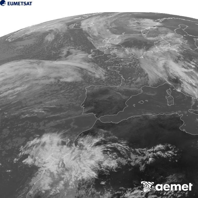 Cette image a �t� g�n�r�e � partir des donn�es du canal infrarouge 10,5 �m du satellite METEOSAT-12, qui fait partie de la troisi�me g�n�ration de satellites Meteosat (MTG). Afin que l'image se rapproche davantage de la perception de l'oeil humain, l'�chelle de gris a �t� invers�e. Les heures indiqu�es se rapportent � la p�ninsule (une heure de moins aux �les Canaries).&nbsp;mercredi, 21 octobre  2026 15:00