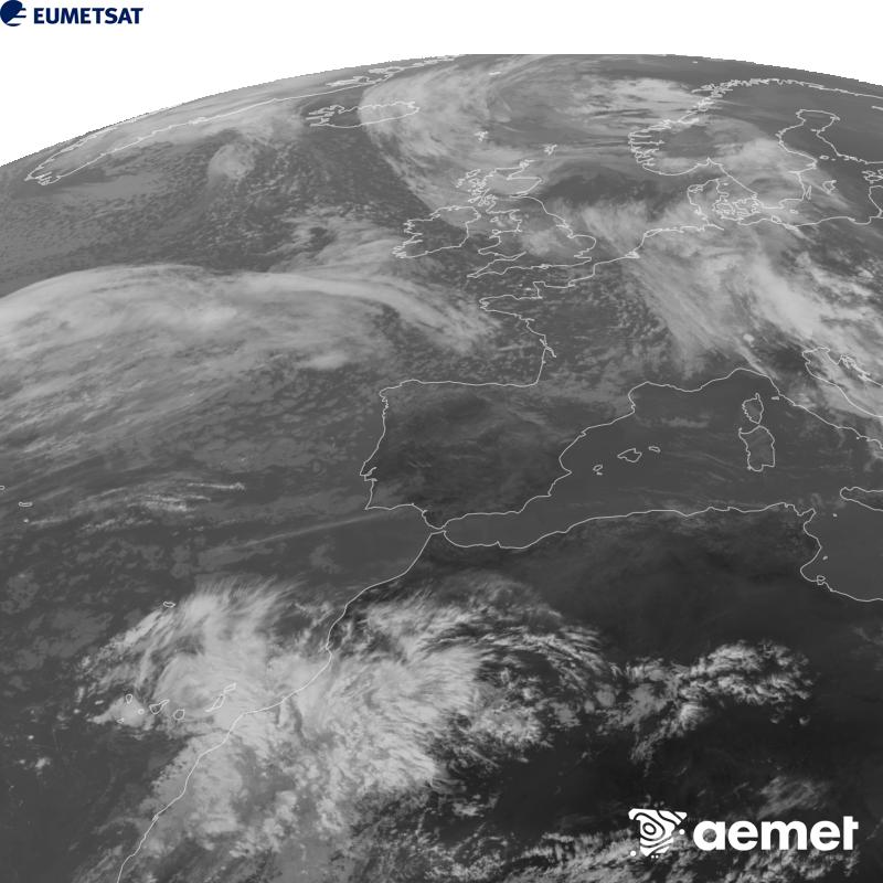 Cette image a �t� g�n�r�e � partir des donn�es du canal infrarouge 10,5 �m du satellite METEOSAT-12, qui fait partie de la troisi�me g�n�ration de satellites Meteosat (MTG). Afin que l'image se rapproche davantage de la perception de l'oeil humain, l'�chelle de gris a �t� invers�e. Les heures indiqu�es se rapportent � la p�ninsule (une heure de moins aux �les Canaries).&nbsp;mercredi, 21 octobre  2026 16:00