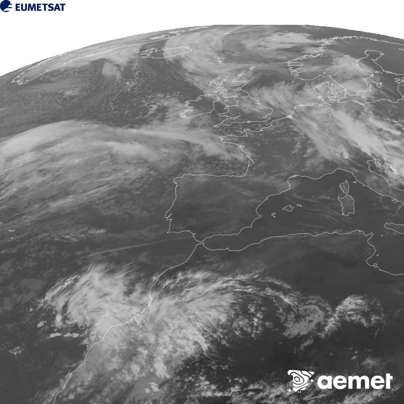 Cette image a �t� g�n�r�e � partir des donn�es du canal infrarouge 10,5 �m du satellite METEOSAT-12, qui fait partie de la troisi�me g�n�ration de satellites Meteosat (MTG). Afin que l'image se rapproche davantage de la perception de l'oeil humain, l'�chelle de gris a �t� invers�e. Les heures indiqu�es se rapportent � la p�ninsule (une heure de moins aux �les Canaries).&nbsp;mercredi, 21 octobre  2026 18:00