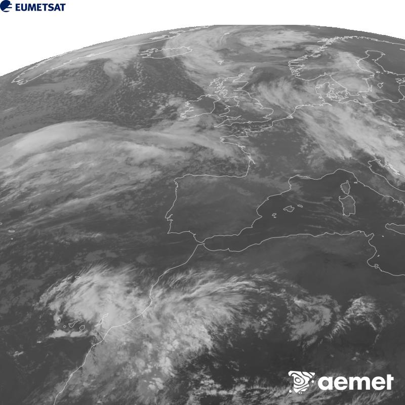 Cette image a �t� g�n�r�e � partir des donn�es du canal infrarouge 10,5 �m du satellite METEOSAT-12, qui fait partie de la troisi�me g�n�ration de satellites Meteosat (MTG). Afin que l'image se rapproche davantage de la perception de l'oeil humain, l'�chelle de gris a �t� invers�e. Les heures indiqu�es se rapportent � la p�ninsule (une heure de moins aux �les Canaries).&nbsp;mercredi, 21 octobre  2026 19:00
