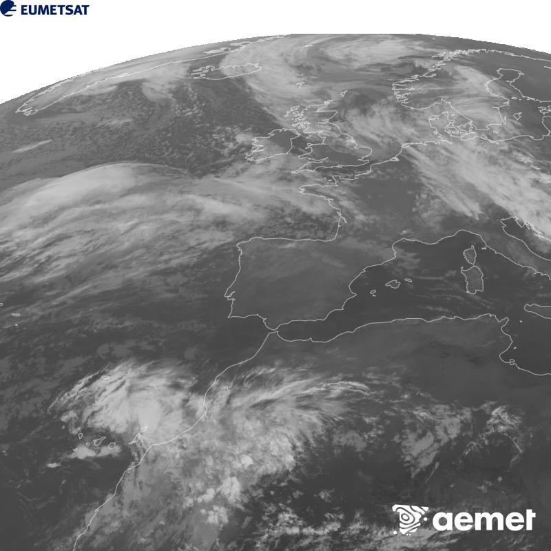 Cette image a �t� g�n�r�e � partir des donn�es du canal infrarouge 10,5 �m du satellite METEOSAT-12, qui fait partie de la troisi�me g�n�ration de satellites Meteosat (MTG). Afin que l'image se rapproche davantage de la perception de l'oeil humain, l'�chelle de gris a �t� invers�e. Les heures indiqu�es se rapportent � la p�ninsule (une heure de moins aux �les Canaries).&nbsp;mercredi, 21 octobre  2026 20:00