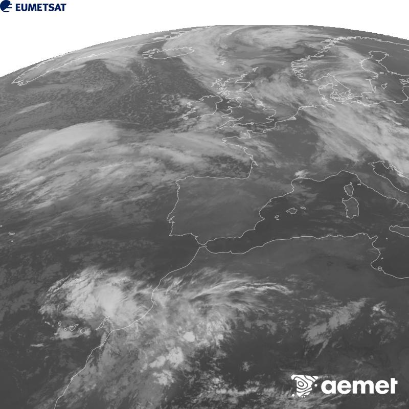 Cette image a �t� g�n�r�e � partir des donn�es du canal infrarouge 10,5 �m du satellite METEOSAT-12, qui fait partie de la troisi�me g�n�ration de satellites Meteosat (MTG). Afin que l'image se rapproche davantage de la perception de l'oeil humain, l'�chelle de gris a �t� invers�e. Les heures indiqu�es se rapportent � la p�ninsule (une heure de moins aux �les Canaries).&nbsp;mercredi, 21 octobre  2026 21:00