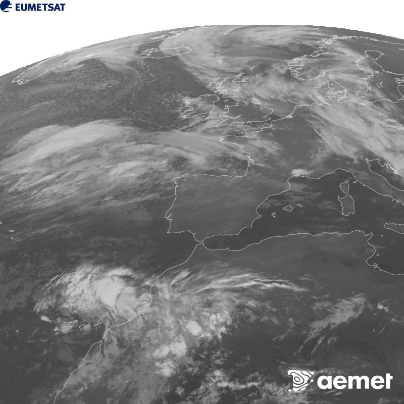 Cette image a �t� g�n�r�e � partir des donn�es du canal infrarouge 10,5 �m du satellite METEOSAT-12, qui fait partie de la troisi�me g�n�ration de satellites Meteosat (MTG). Afin que l'image se rapproche davantage de la perception de l'oeil humain, l'�chelle de gris a �t� invers�e. Les heures indiqu�es se rapportent � la p�ninsule (une heure de moins aux �les Canaries).&nbsp;mercredi, 21 octobre  2026 22:00