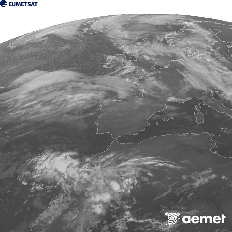 Cette image a �t� g�n�r�e � partir des donn�es du canal infrarouge 10,5 �m du satellite METEOSAT-12, qui fait partie de la troisi�me g�n�ration de satellites Meteosat (MTG). Afin que l'image se rapproche davantage de la perception de l'oeil humain, l'�chelle de gris a �t� invers�e. Les heures indiqu�es se rapportent � la p�ninsule (une heure de moins aux �les Canaries).&nbsp;mercredi, 21 octobre  2026 23:00