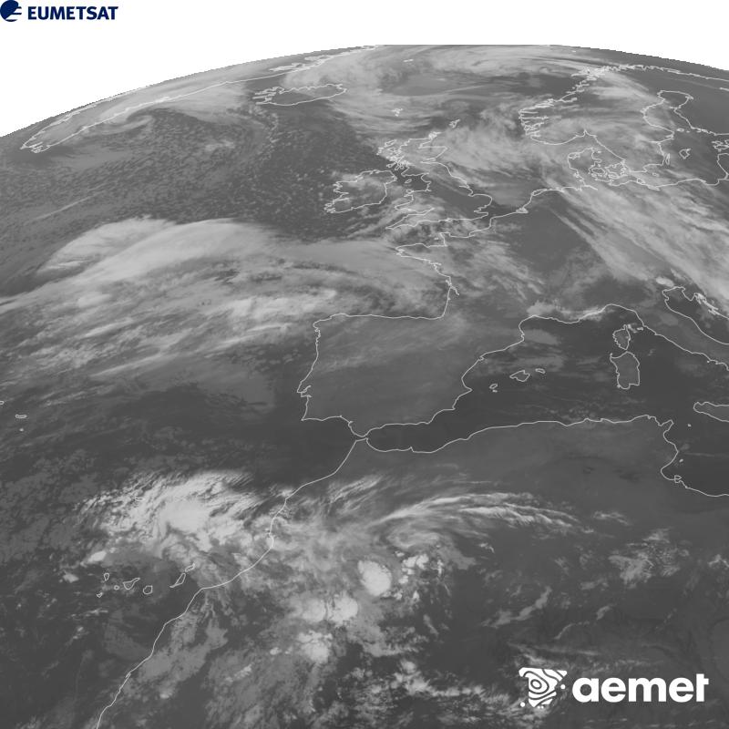 Cette image a �t� g�n�r�e � partir des donn�es du canal infrarouge 10,5 �m du satellite METEOSAT-12, qui fait partie de la troisi�me g�n�ration de satellites Meteosat (MTG). Afin que l'image se rapproche davantage de la perception de l'oeil humain, l'�chelle de gris a �t� invers�e. Les heures indiqu�es se rapportent � la p�ninsule (une heure de moins aux �les Canaries).&nbsp;jeudi, 22 octobre  2026 00:00