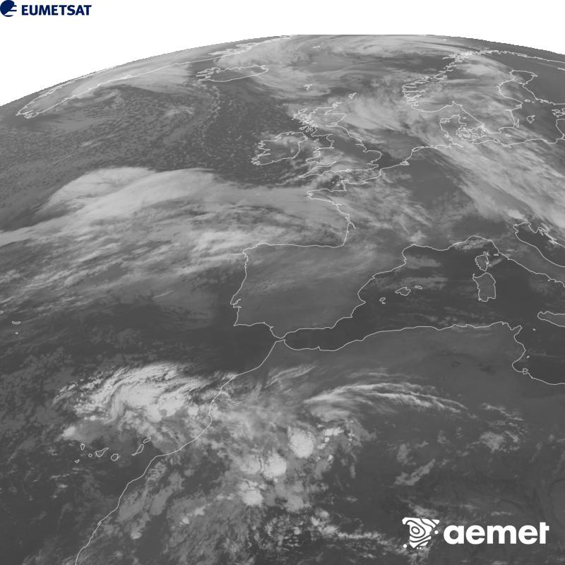 Cette image a �t� g�n�r�e � partir des donn�es du canal infrarouge 10,5 �m du satellite METEOSAT-12, qui fait partie de la troisi�me g�n�ration de satellites Meteosat (MTG). Afin que l'image se rapproche davantage de la perception de l'oeil humain, l'�chelle de gris a �t� invers�e. Les heures indiqu�es se rapportent � la p�ninsule (une heure de moins aux �les Canaries).&nbsp;jeudi, 22 octobre  2026 01:00