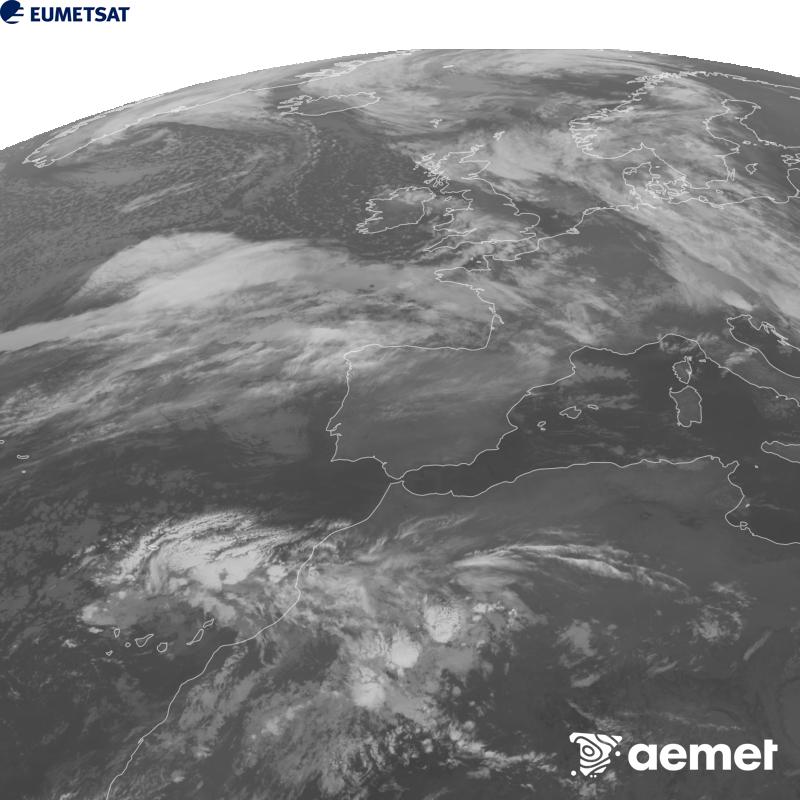 Cette image a �t� g�n�r�e � partir des donn�es du canal infrarouge 10,5 �m du satellite METEOSAT-12, qui fait partie de la troisi�me g�n�ration de satellites Meteosat (MTG). Afin que l'image se rapproche davantage de la perception de l'oeil humain, l'�chelle de gris a �t� invers�e. Les heures indiqu�es se rapportent � la p�ninsule (une heure de moins aux �les Canaries).&nbsp;jeudi, 22 octobre  2026 02:00