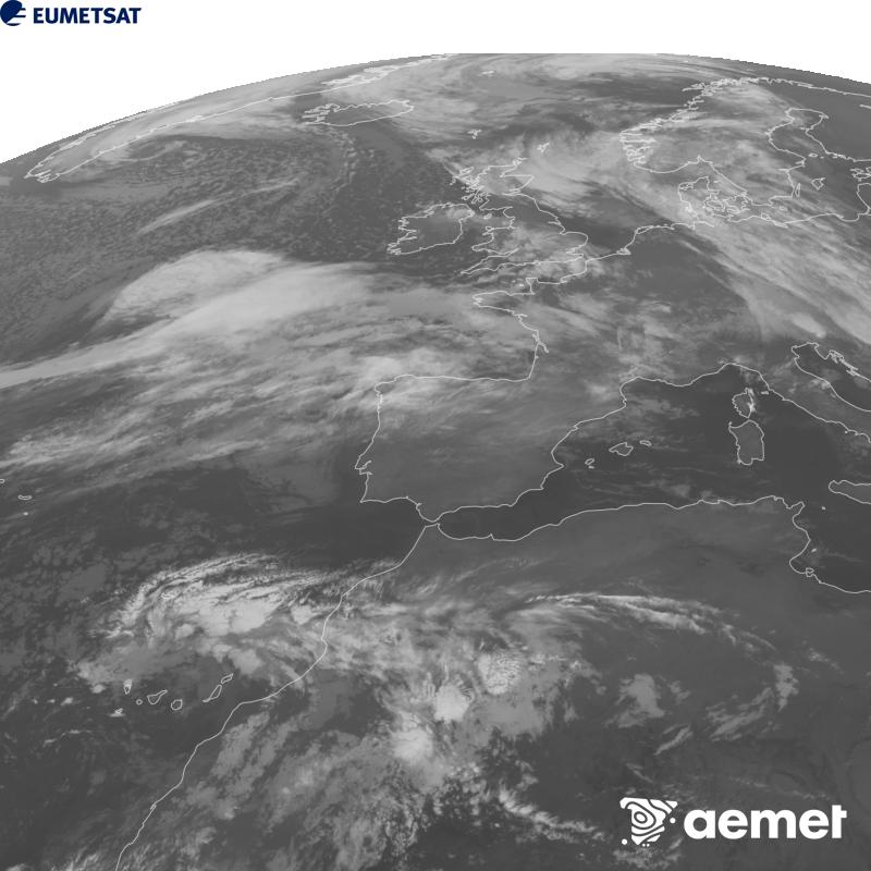 Cette image a �t� g�n�r�e � partir des donn�es du canal infrarouge 10,5 �m du satellite METEOSAT-12, qui fait partie de la troisi�me g�n�ration de satellites Meteosat (MTG). Afin que l'image se rapproche davantage de la perception de l'oeil humain, l'�chelle de gris a �t� invers�e. Les heures indiqu�es se rapportent � la p�ninsule (une heure de moins aux �les Canaries).&nbsp;jeudi, 22 octobre  2026 03:00