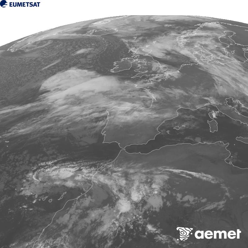 Cette image a �t� g�n�r�e � partir des donn�es du canal infrarouge 10,5 �m du satellite METEOSAT-12, qui fait partie de la troisi�me g�n�ration de satellites Meteosat (MTG). Afin que l'image se rapproche davantage de la perception de l'oeil humain, l'�chelle de gris a �t� invers�e. Les heures indiqu�es se rapportent � la p�ninsule (une heure de moins aux �les Canaries).&nbsp;jeudi, 22 octobre  2026 05:00