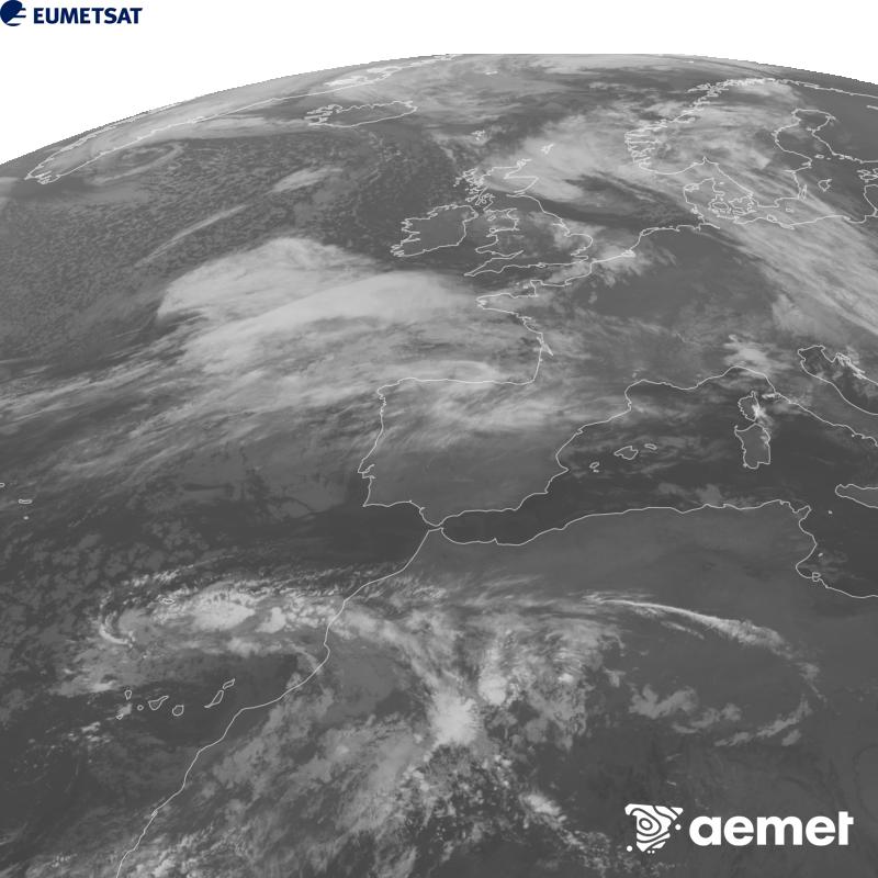 Cette image a �t� g�n�r�e � partir des donn�es du canal infrarouge 10,5 �m du satellite METEOSAT-12, qui fait partie de la troisi�me g�n�ration de satellites Meteosat (MTG). Afin que l'image se rapproche davantage de la perception de l'oeil humain, l'�chelle de gris a �t� invers�e. Les heures indiqu�es se rapportent � la p�ninsule (une heure de moins aux �les Canaries).&nbsp;jeudi, 22 octobre  2026 06:00