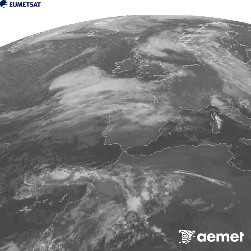Cette image a �t� g�n�r�e � partir des donn�es du canal infrarouge 10,5 �m du satellite METEOSAT-12, qui fait partie de la troisi�me g�n�ration de satellites Meteosat (MTG). Afin que l'image se rapproche davantage de la perception de l'oeil humain, l'�chelle de gris a �t� invers�e. Les heures indiqu�es se rapportent � la p�ninsule (une heure de moins aux �les Canaries).&nbsp;jeudi, 22 octobre  2026 07:00