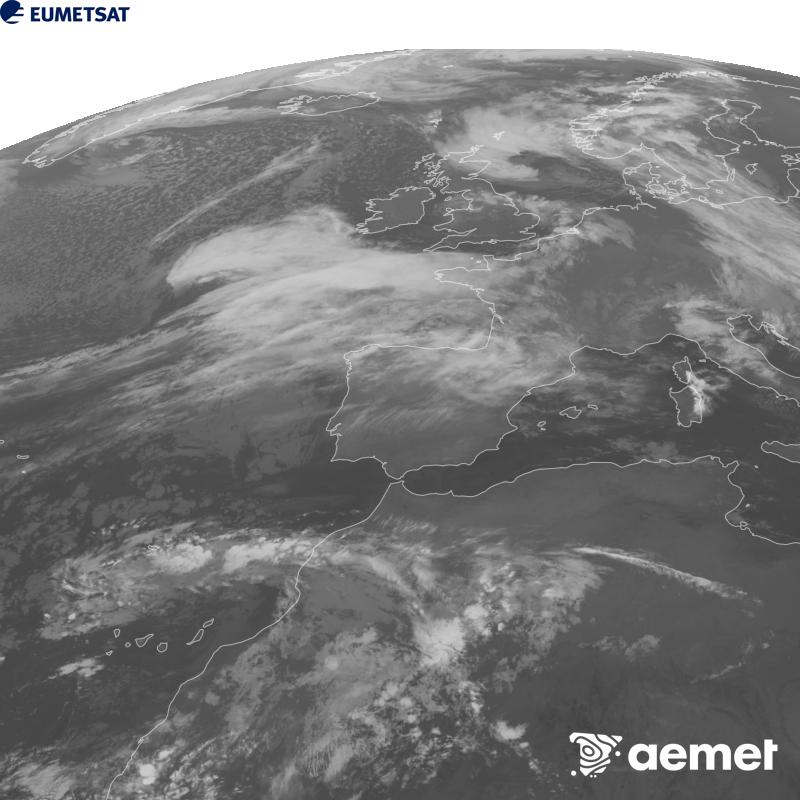 Cette image a �t� g�n�r�e � partir des donn�es du canal infrarouge 10,5 �m du satellite METEOSAT-12, qui fait partie de la troisi�me g�n�ration de satellites Meteosat (MTG). Afin que l'image se rapproche davantage de la perception de l'oeil humain, l'�chelle de gris a �t� invers�e. Les heures indiqu�es se rapportent � la p�ninsule (une heure de moins aux �les Canaries).&nbsp;jeudi, 22 octobre  2026 08:00