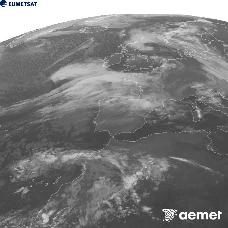 Cette image a �t� g�n�r�e � partir des donn�es du canal infrarouge 10,5 �m du satellite METEOSAT-12, qui fait partie de la troisi�me g�n�ration de satellites Meteosat (MTG). Afin que l'image se rapproche davantage de la perception de l'oeil humain, l'�chelle de gris a �t� invers�e. Les heures indiqu�es se rapportent � la p�ninsule (une heure de moins aux �les Canaries).&nbsp;jeudi, 22 octobre  2026 09:00