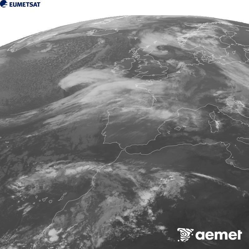Cette image a �t� g�n�r�e � partir des donn�es du canal infrarouge 10,5 �m du satellite METEOSAT-12, qui fait partie de la troisi�me g�n�ration de satellites Meteosat (MTG). Afin que l'image se rapproche davantage de la perception de l'oeil humain, l'�chelle de gris a �t� invers�e. Les heures indiqu�es se rapportent � la p�ninsule (une heure de moins aux �les Canaries).&nbsp;jeudi, 22 octobre  2026 10:00
