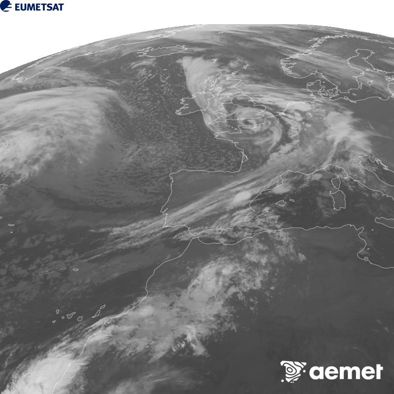 Irudi hau METEOSAT-12 satelitearen 10.5 �m Infragorri kanaleko informazioa erabiliz sortzen da, Meteosat (MTG) sateliteen hirugarren belaunaldikoa. Irudiak giza begiaren pertzepzioaren antz handiagoa izan dezan, grisen eskala alderantzizkoa da. Ordu horiek penintsulari dagozkio (ordubete gutxiago Kanariar Uharteetan).&nbsp;ostirala, 2026ko urriak 23, ordua: 09:00
