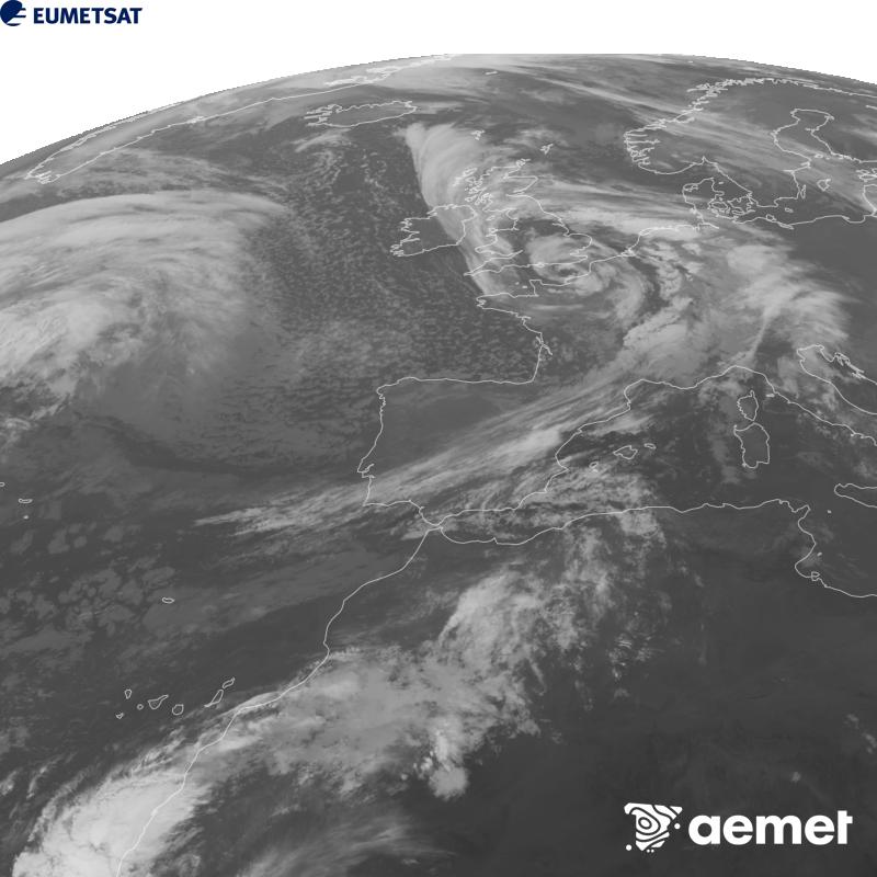 Irudi hau METEOSAT-12 satelitearen 10.5 �m Infragorri kanaleko informazioa erabiliz sortzen da, Meteosat (MTG) sateliteen hirugarren belaunaldikoa. Irudiak giza begiaren pertzepzioaren antz handiagoa izan dezan, grisen eskala alderantzizkoa da. Ordu horiek penintsulari dagozkio (ordubete gutxiago Kanariar Uharteetan).&nbsp;ostirala, 2026ko urriak 23, ordua: 10:00