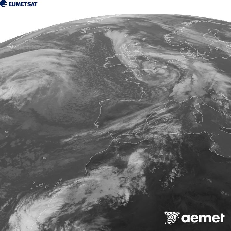 Irudi hau METEOSAT-12 satelitearen 10.5 �m Infragorri kanaleko informazioa erabiliz sortzen da, Meteosat (MTG) sateliteen hirugarren belaunaldikoa. Irudiak giza begiaren pertzepzioaren antz handiagoa izan dezan, grisen eskala alderantzizkoa da. Ordu horiek penintsulari dagozkio (ordubete gutxiago Kanariar Uharteetan).&nbsp;ostirala, 2026ko urriak 23, ordua: 12:00
