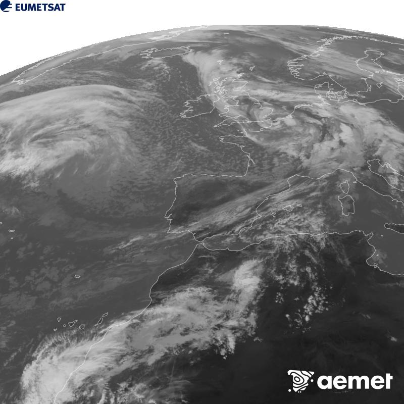 Irudi hau METEOSAT-12 satelitearen 10.5 �m Infragorri kanaleko informazioa erabiliz sortzen da, Meteosat (MTG) sateliteen hirugarren belaunaldikoa. Irudiak giza begiaren pertzepzioaren antz handiagoa izan dezan, grisen eskala alderantzizkoa da. Ordu horiek penintsulari dagozkio (ordubete gutxiago Kanariar Uharteetan).&nbsp;ostirala, 2026ko urriak 23, ordua: 13:00