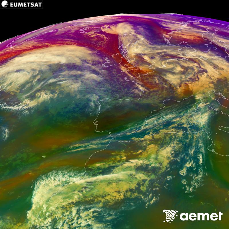 This RGB image is generated using infrared and water vapour channel data from the METEOSAT-12 satellite, which belongs to the third generation of Meteosat satellites (MTG). It gives us an idea of the characteristics of the air masses. The times shown refer to the Iberian Peninsula (one hour earlier in the Canary Islands).&nbsp;Friday, 23 October  2026 18:00