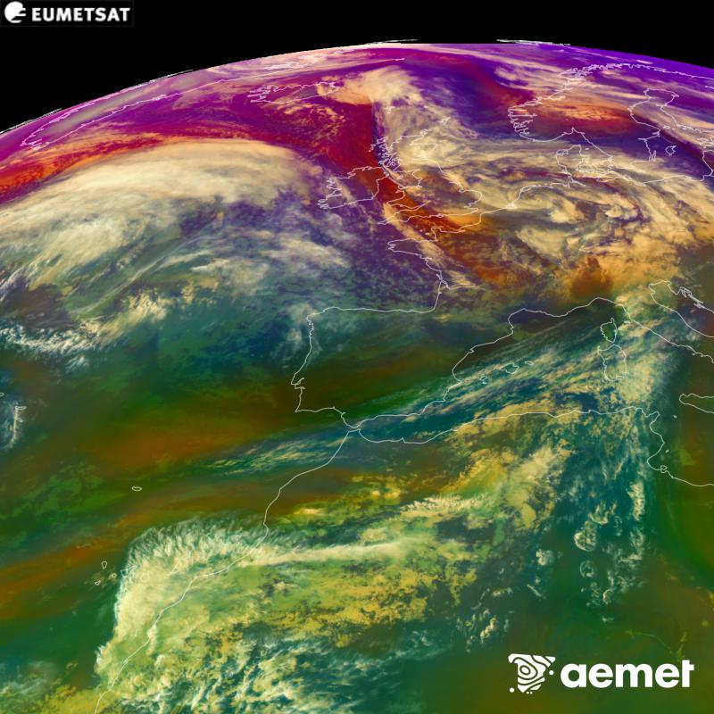 This RGB image is generated using infrared and water vapour channel data from the METEOSAT-12 satellite, which belongs to the third generation of Meteosat satellites (MTG). It gives us an idea of the characteristics of the air masses. The times shown refer to the Iberian Peninsula (one hour earlier in the Canary Islands).&nbsp;Friday, 23 October  2026 19:00