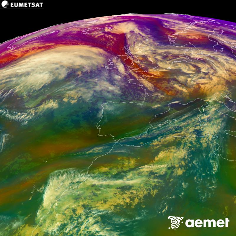 This RGB image is generated using infrared and water vapour channel data from the METEOSAT-12 satellite, which belongs to the third generation of Meteosat satellites (MTG). It gives us an idea of the characteristics of the air masses. The times shown refer to the Iberian Peninsula (one hour earlier in the Canary Islands).&nbsp;Friday, 23 October  2026 20:00