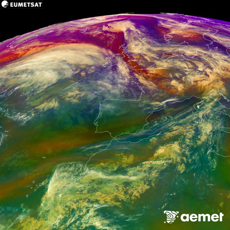 This RGB image is generated using infrared and water vapour channel data from the METEOSAT-12 satellite, which belongs to the third generation of Meteosat satellites (MTG). It gives us an idea of the characteristics of the air masses. The times shown refer to the Iberian Peninsula (one hour earlier in the Canary Islands).&nbsp;Friday, 23 October  2026 21:00