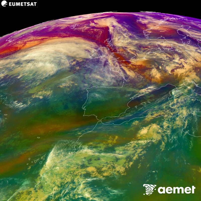 This RGB image is generated using infrared and water vapour channel data from the METEOSAT-12 satellite, which belongs to the third generation of Meteosat satellites (MTG). It gives us an idea of the characteristics of the air masses. The times shown refer to the Iberian Peninsula (one hour earlier in the Canary Islands).&nbsp;Friday, 23 October  2026 22:00