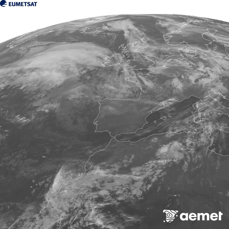 Irudi hau METEOSAT-12 satelitearen 10.5 �m Infragorri kanaleko informazioa erabiliz sortzen da, Meteosat (MTG) sateliteen hirugarren belaunaldikoa. Irudiak giza begiaren pertzepzioaren antz handiagoa izan dezan, grisen eskala alderantzizkoa da. Ordu horiek penintsulari dagozkio (ordubete gutxiago Kanariar Uharteetan).&nbsp;ostirala, 2026ko urriak 23, ordua: 22:00