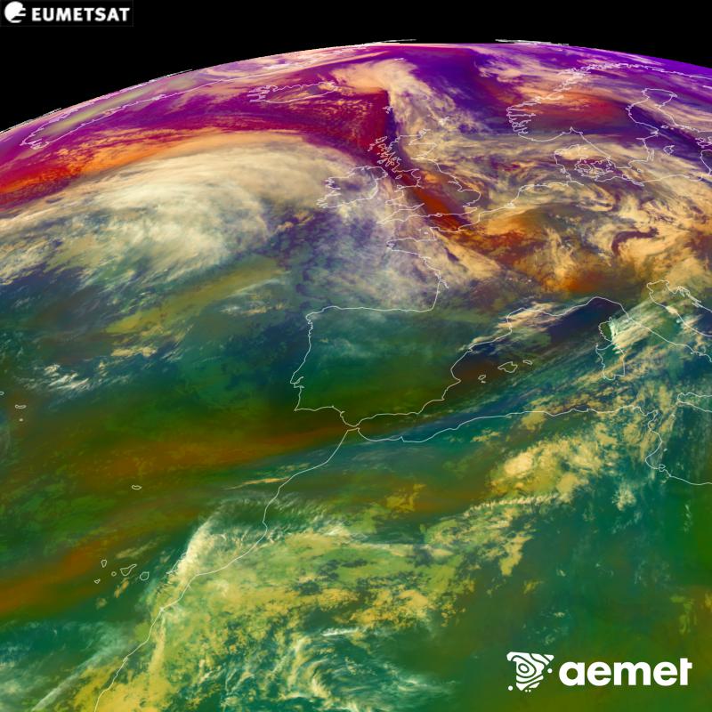 This RGB image is generated using infrared and water vapour channel data from the METEOSAT-12 satellite, which belongs to the third generation of Meteosat satellites (MTG). It gives us an idea of the characteristics of the air masses. The times shown refer to the Iberian Peninsula (one hour earlier in the Canary Islands).&nbsp;Friday, 23 October  2026 23:00