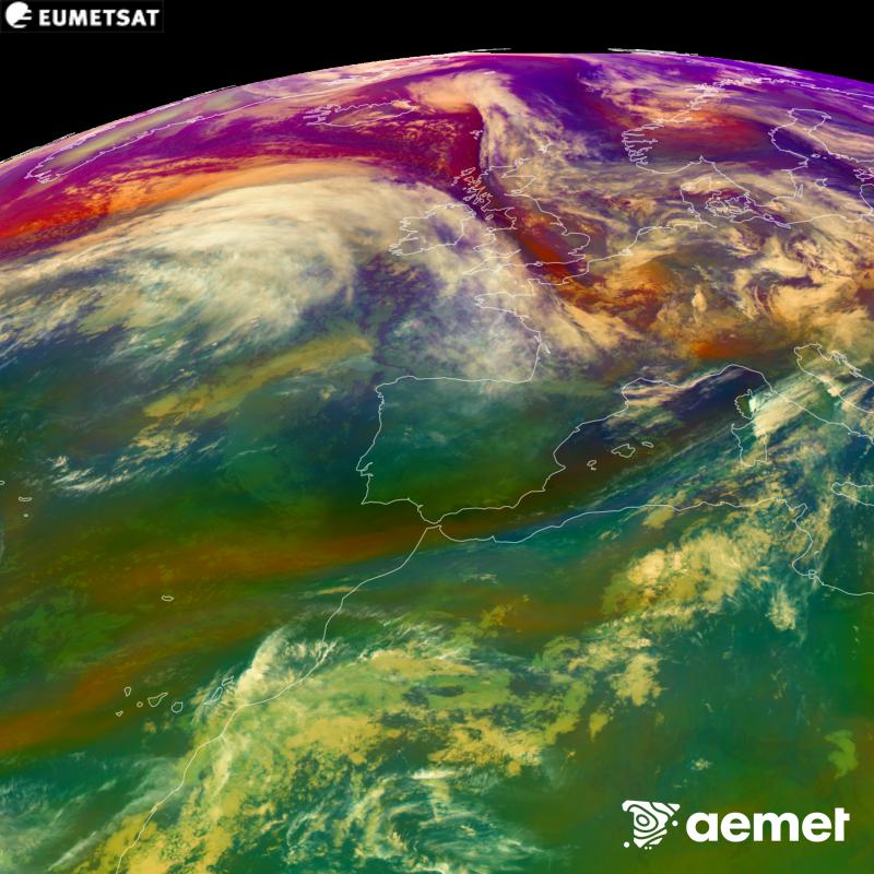 This RGB image is generated using infrared and water vapour channel data from the METEOSAT-12 satellite, which belongs to the third generation of Meteosat satellites (MTG). It gives us an idea of the characteristics of the air masses. The times shown refer to the Iberian Peninsula (one hour earlier in the Canary Islands).&nbsp;Saturday, 24 October  2026 00:00