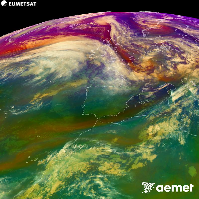 This RGB image is generated using infrared and water vapour channel data from the METEOSAT-12 satellite, which belongs to the third generation of Meteosat satellites (MTG). It gives us an idea of the characteristics of the air masses. The times shown refer to the Iberian Peninsula (one hour earlier in the Canary Islands).&nbsp;Saturday, 24 October  2026 01:00