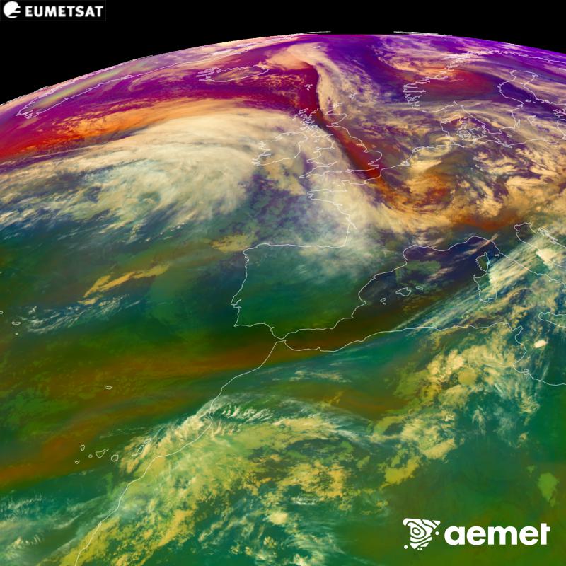This RGB image is generated using infrared and water vapour channel data from the METEOSAT-12 satellite, which belongs to the third generation of Meteosat satellites (MTG). It gives us an idea of the characteristics of the air masses. The times shown refer to the Iberian Peninsula (one hour earlier in the Canary Islands).&nbsp;Saturday, 24 October  2026 02:00