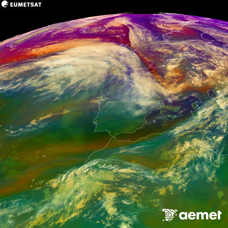 This RGB image is generated using infrared and water vapour channel data from the METEOSAT-12 satellite, which belongs to the third generation of Meteosat satellites (MTG). It gives us an idea of the characteristics of the air masses. The times shown refer to the Iberian Peninsula (one hour earlier in the Canary Islands).&nbsp;Saturday, 24 October  2026 03:00