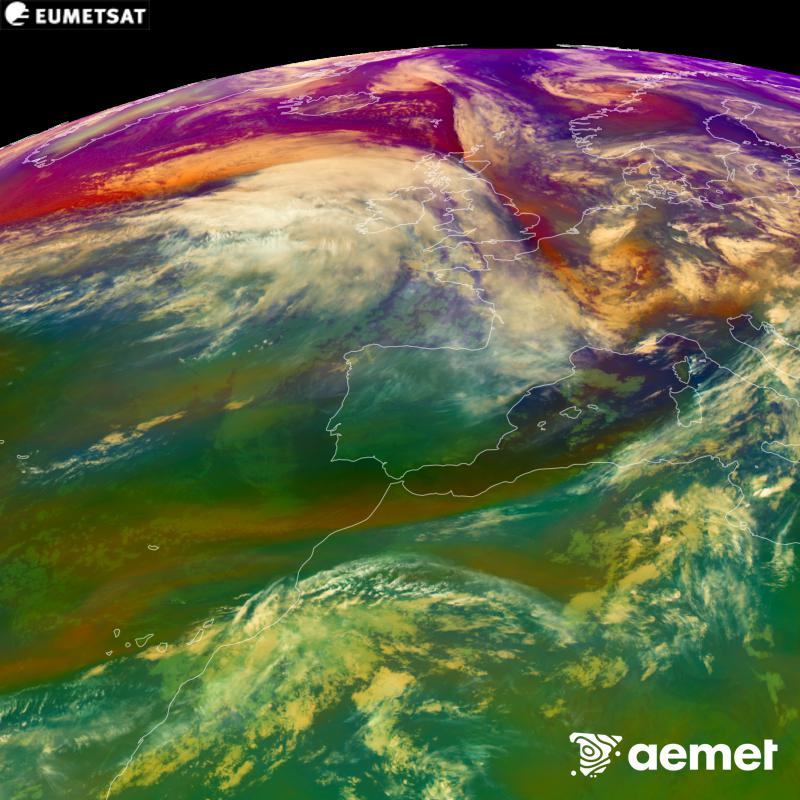 This RGB image is generated using infrared and water vapour channel data from the METEOSAT-12 satellite, which belongs to the third generation of Meteosat satellites (MTG). It gives us an idea of the characteristics of the air masses. The times shown refer to the Iberian Peninsula (one hour earlier in the Canary Islands).&nbsp;Saturday, 24 October  2026 04:00