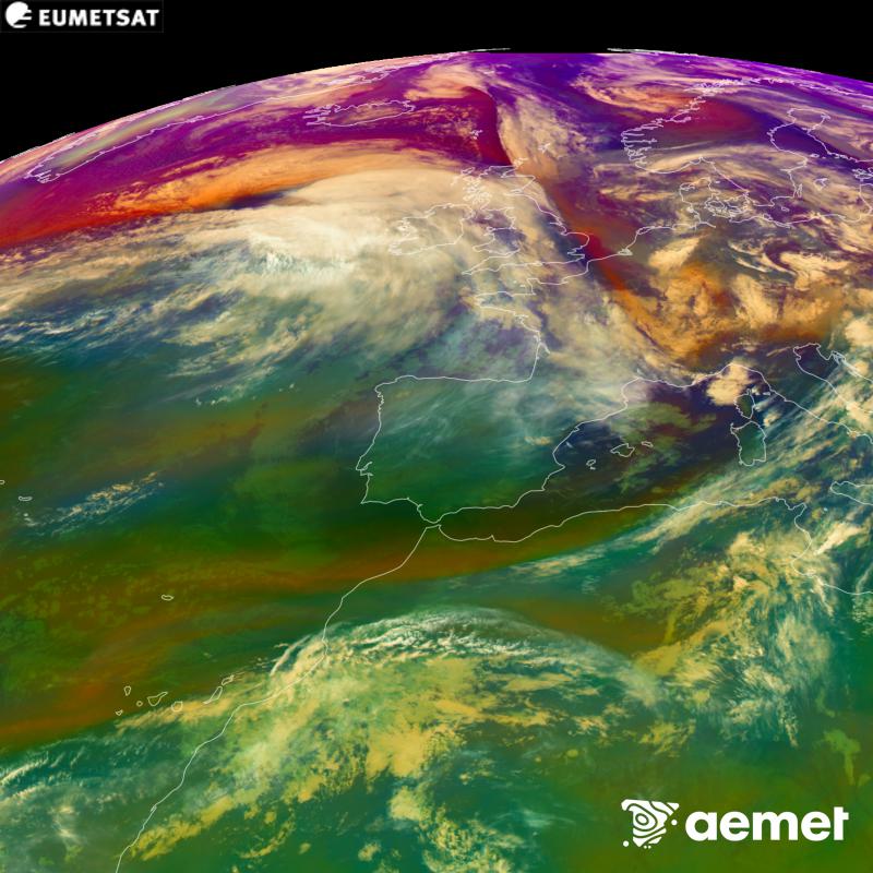 This RGB image is generated using infrared and water vapour channel data from the METEOSAT-12 satellite, which belongs to the third generation of Meteosat satellites (MTG). It gives us an idea of the characteristics of the air masses. The times shown refer to the Iberian Peninsula (one hour earlier in the Canary Islands).&nbsp;Saturday, 24 October  2026 05:00