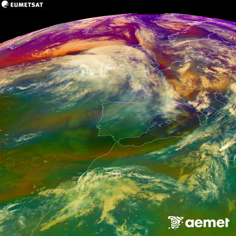 This RGB image is generated using infrared and water vapour channel data from the METEOSAT-12 satellite, which belongs to the third generation of Meteosat satellites (MTG). It gives us an idea of the characteristics of the air masses. The times shown refer to the Iberian Peninsula (one hour earlier in the Canary Islands).&nbsp;Saturday, 24 October  2026 06:00
