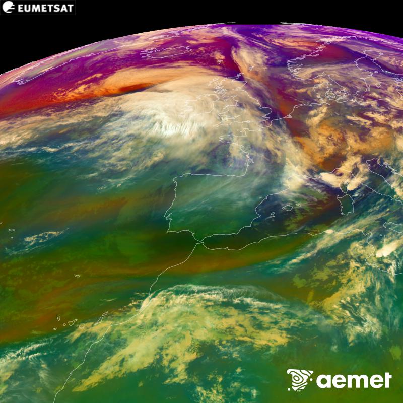 This RGB image is generated using infrared and water vapour channel data from the METEOSAT-12 satellite, which belongs to the third generation of Meteosat satellites (MTG). It gives us an idea of the characteristics of the air masses. The times shown refer to the Iberian Peninsula (one hour earlier in the Canary Islands).&nbsp;Saturday, 24 October  2026 07:00