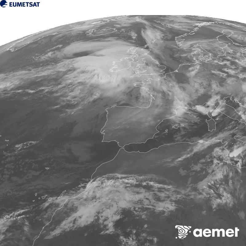 This image has been generated using data from the 10.5 �m infrared channel of the METEOSAT-12 satellite, which belongs to the third generation of Meteosat satellites (MTG). To make the image more closely resemble what the human eye sees, the greyscale has been inverted. The times shown refer to mainland Spain (one hour earlier in the Canary Islands).&nbsp;Saturday, 24 October  2026 07:00