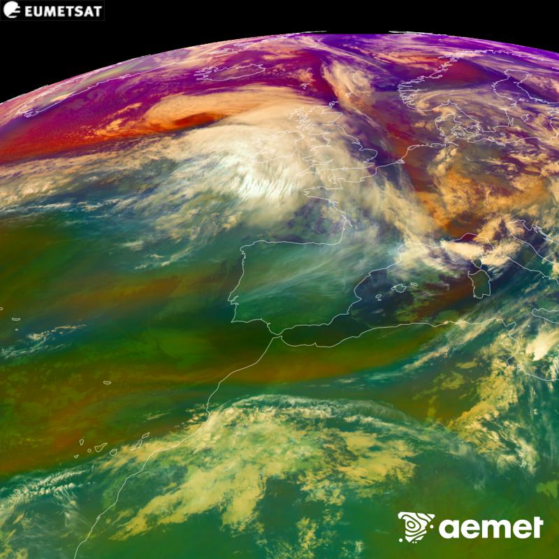 This RGB image is generated using infrared and water vapour channel data from the METEOSAT-12 satellite, which belongs to the third generation of Meteosat satellites (MTG). It gives us an idea of the characteristics of the air masses. The times shown refer to the Iberian Peninsula (one hour earlier in the Canary Islands).&nbsp;Saturday, 24 October  2026 08:00