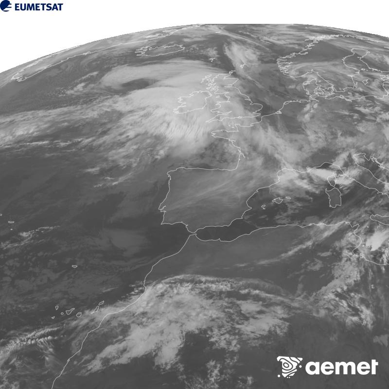 This image has been generated using data from the 10.5 �m infrared channel of the METEOSAT-12 satellite, which belongs to the third generation of Meteosat satellites (MTG). To make the image more closely resemble what the human eye sees, the greyscale has been inverted. The times shown refer to mainland Spain (one hour earlier in the Canary Islands).&nbsp;Saturday, 24 October  2026 08:00