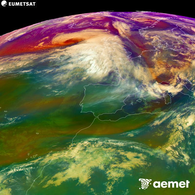 This RGB image is generated using infrared and water vapour channel data from the METEOSAT-12 satellite, which belongs to the third generation of Meteosat satellites (MTG). It gives us an idea of the characteristics of the air masses. The times shown refer to the Iberian Peninsula (one hour earlier in the Canary Islands).&nbsp;Saturday, 24 October  2026 09:00