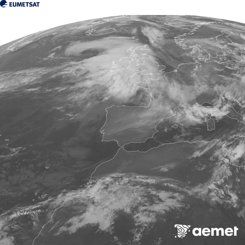 This image has been generated using data from the 10.5 �m infrared channel of the METEOSAT-12 satellite, which belongs to the third generation of Meteosat satellites (MTG). To make the image more closely resemble what the human eye sees, the greyscale has been inverted. The times shown refer to mainland Spain (one hour earlier in the Canary Islands).&nbsp;Saturday, 24 October  2026 09:00
