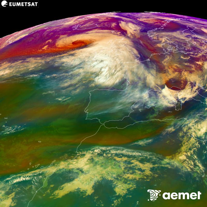 This RGB image is generated using infrared and water vapour channel data from the METEOSAT-12 satellite, which belongs to the third generation of Meteosat satellites (MTG). It gives us an idea of the characteristics of the air masses. The times shown refer to the Iberian Peninsula (one hour earlier in the Canary Islands).&nbsp;Saturday, 24 October  2026 10:00