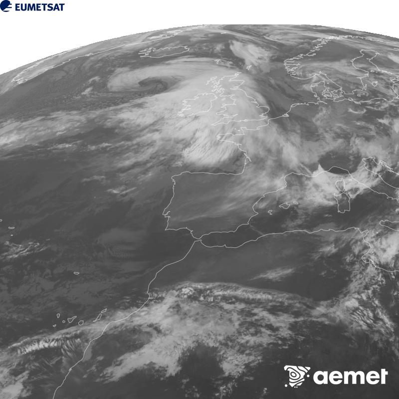 This image has been generated using data from the 10.5 �m infrared channel of the METEOSAT-12 satellite, which belongs to the third generation of Meteosat satellites (MTG). To make the image more closely resemble what the human eye sees, the greyscale has been inverted. The times shown refer to mainland Spain (one hour earlier in the Canary Islands).&nbsp;Saturday, 24 October  2026 10:00