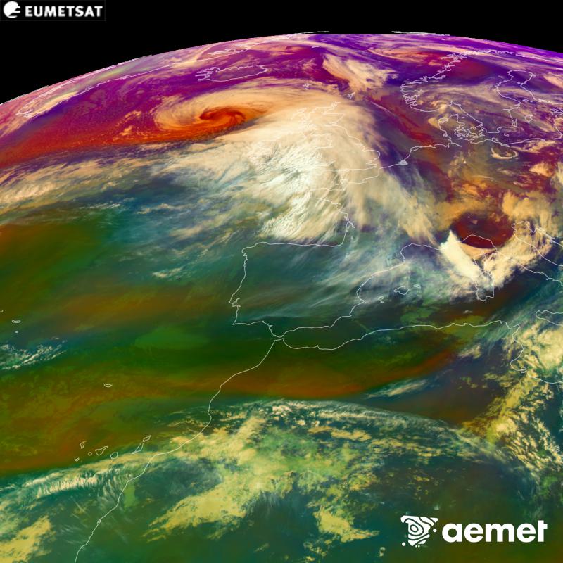 This RGB image is generated using infrared and water vapour channel data from the METEOSAT-12 satellite, which belongs to the third generation of Meteosat satellites (MTG). It gives us an idea of the characteristics of the air masses. The times shown refer to the Iberian Peninsula (one hour earlier in the Canary Islands).&nbsp;Saturday, 24 October  2026 11:00