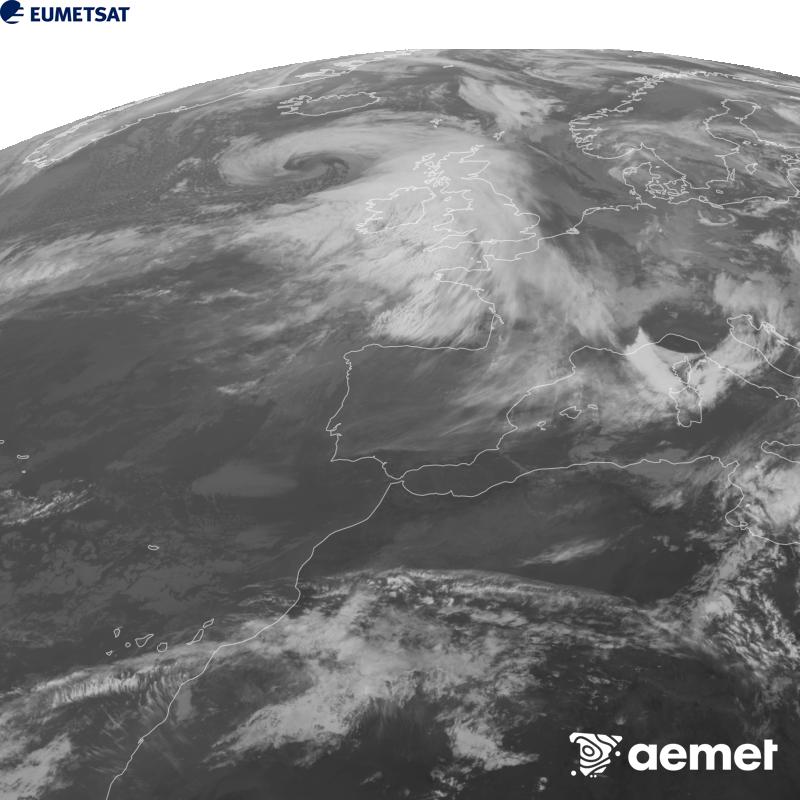 This image has been generated using data from the 10.5 �m infrared channel of the METEOSAT-12 satellite, which belongs to the third generation of Meteosat satellites (MTG). To make the image more closely resemble what the human eye sees, the greyscale has been inverted. The times shown refer to mainland Spain (one hour earlier in the Canary Islands).&nbsp;Saturday, 24 October  2026 11:00