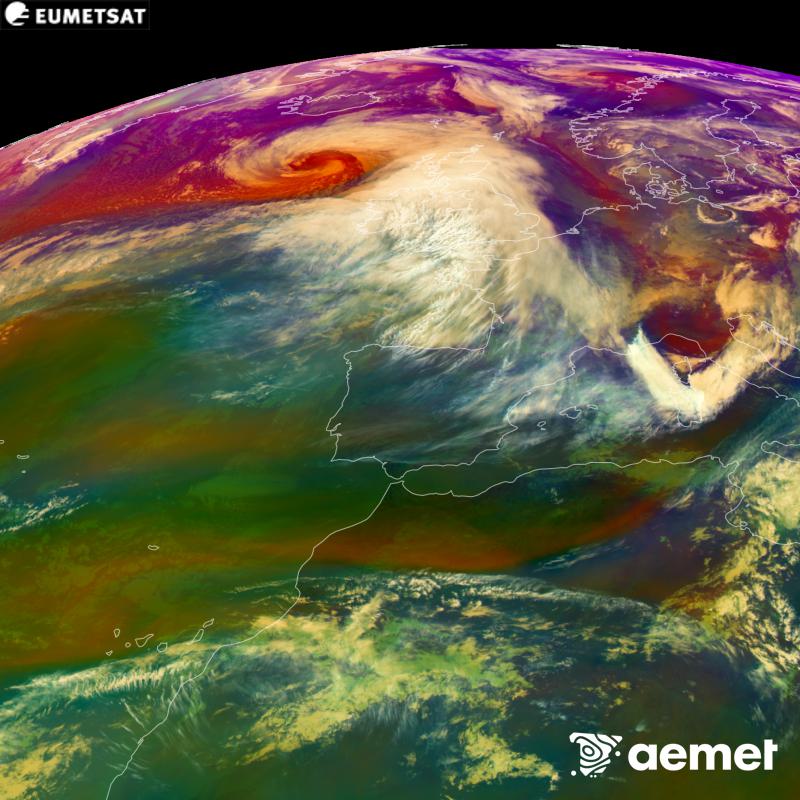 This RGB image is generated using infrared and water vapour channel data from the METEOSAT-12 satellite, which belongs to the third generation of Meteosat satellites (MTG). It gives us an idea of the characteristics of the air masses. The times shown refer to the Iberian Peninsula (one hour earlier in the Canary Islands).&nbsp;Saturday, 24 October  2026 12:00