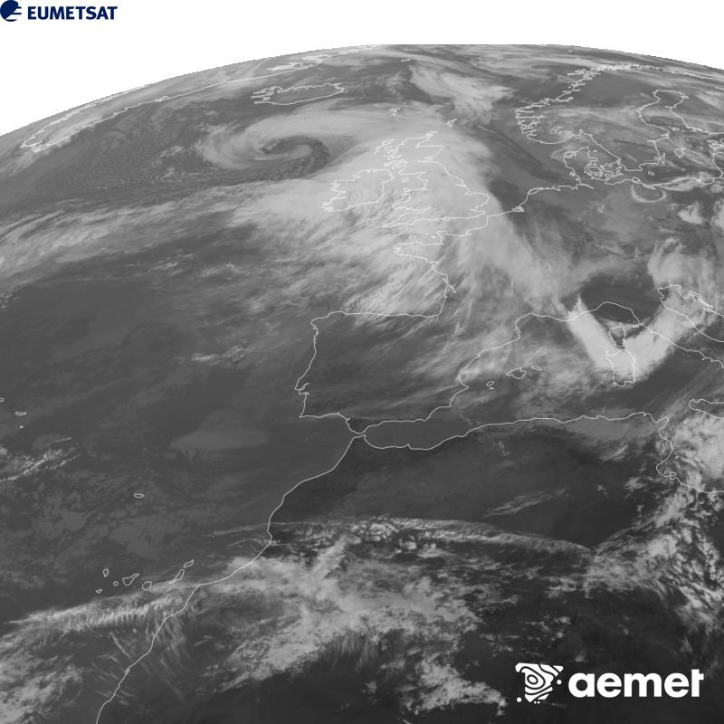This image has been generated using data from the 10.5 �m infrared channel of the METEOSAT-12 satellite, which belongs to the third generation of Meteosat satellites (MTG). To make the image more closely resemble what the human eye sees, the greyscale has been inverted. The times shown refer to mainland Spain (one hour earlier in the Canary Islands).&nbsp;Saturday, 24 October  2026 12:00