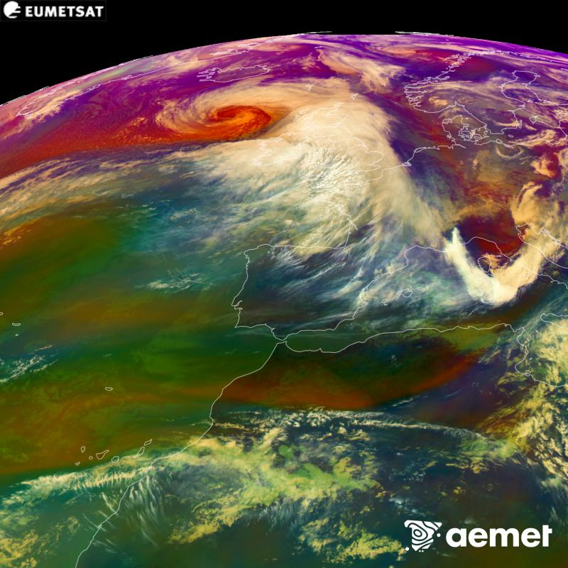 This RGB image is generated using infrared and water vapour channel data from the METEOSAT-12 satellite, which belongs to the third generation of Meteosat satellites (MTG). It gives us an idea of the characteristics of the air masses. The times shown refer to the Iberian Peninsula (one hour earlier in the Canary Islands).&nbsp;Saturday, 24 October  2026 13:00